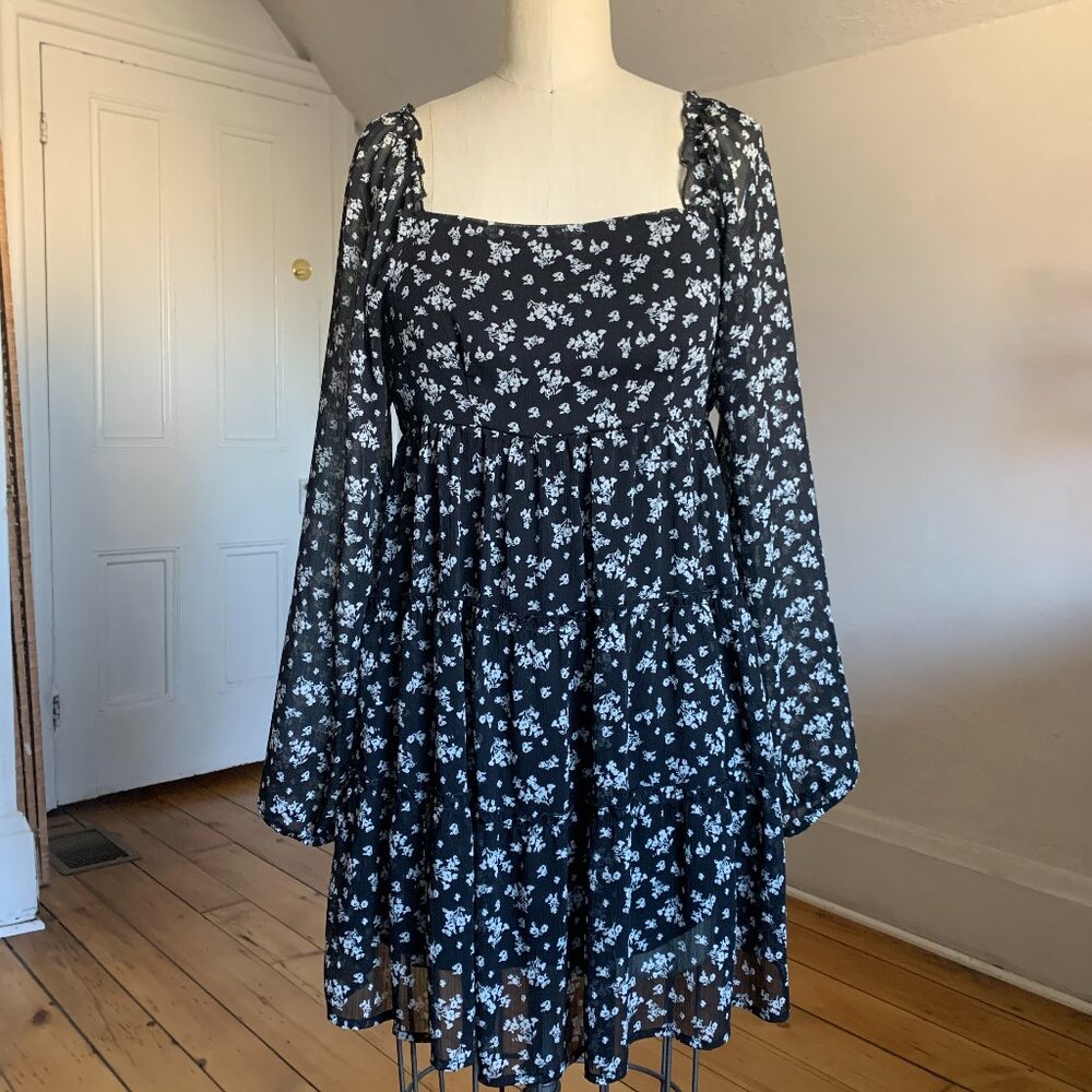 Row A Black White Floral Smocked Tiered Mini Dress Cottagecore Size M